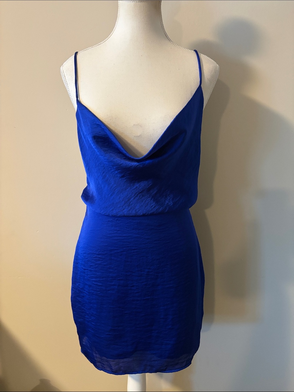 Lucy in the Sky Masha Cowl Neck Spaghetti Strap Mini Dress - Royal Blue. Size S